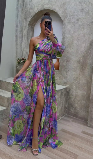 Women's Floral One Shoulder Evening Maxi Dress