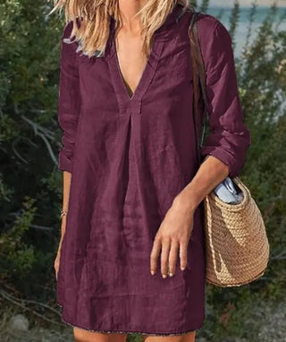 Women's Long Sleeve V-Neck Mini Shirt Dress