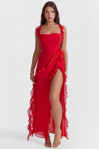 Women's Ruffle Trim Fit & Flare Maxi Dress