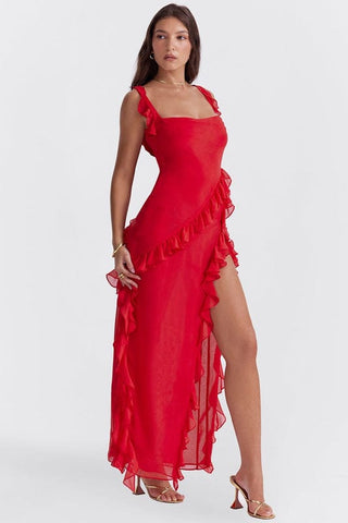Women's Ruffle Trim Fit & Flare Maxi Dress
