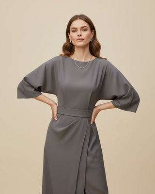 Women's Elegant Belted Dress with Lantern Sleeves