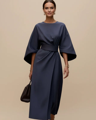 Women's Elegant Belted Dress with Lantern Sleeves