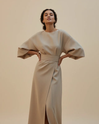 Women's Elegant Belted Dress with Lantern Sleeves