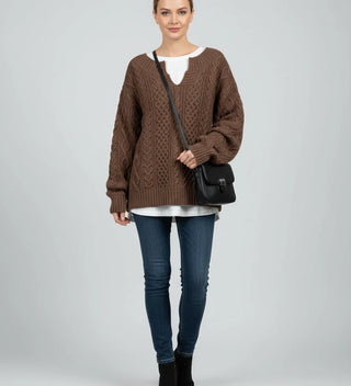 Women's Oversized Cable Knit V-Neck Sweater